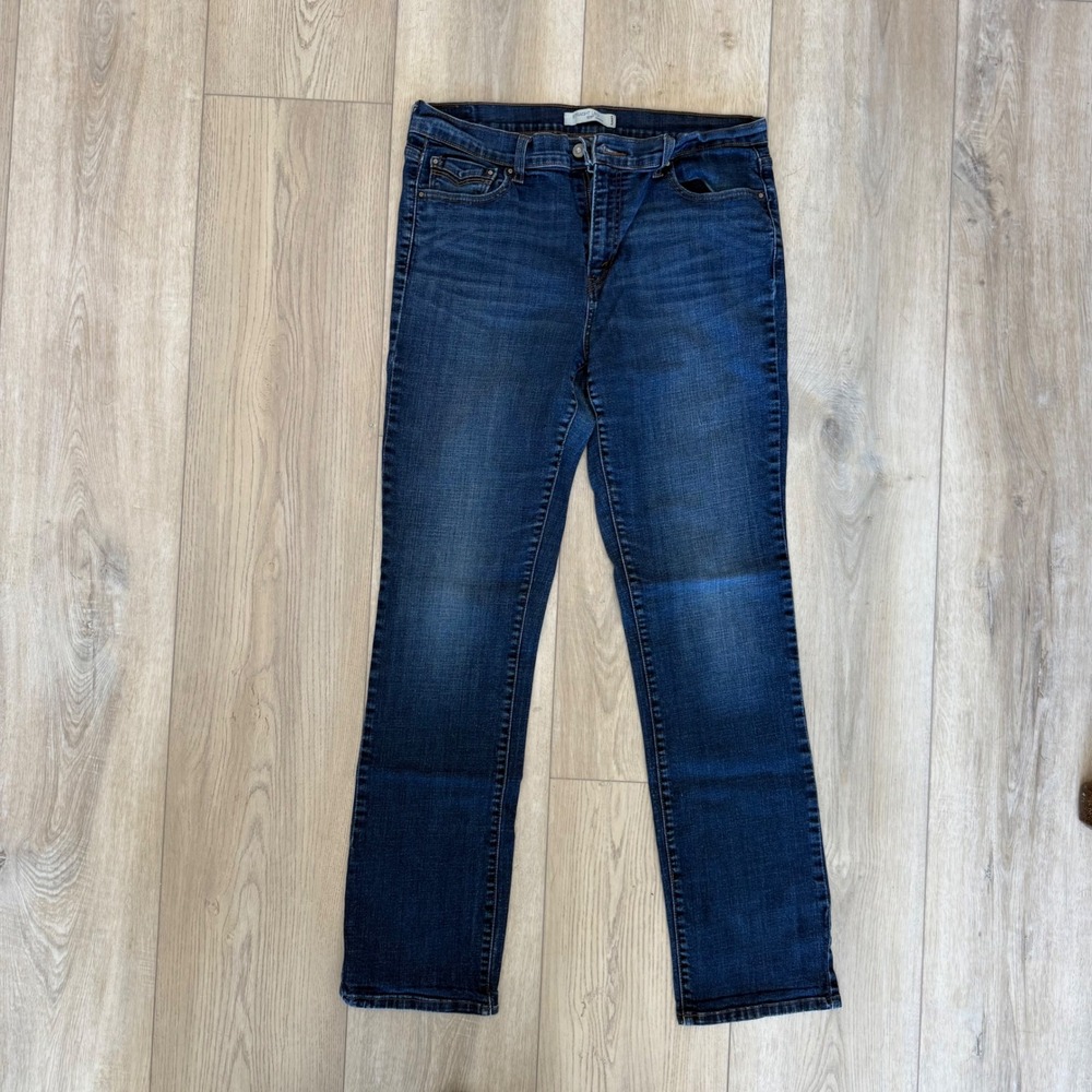 Levis 505 Straight Leg Jeans Dark Wash Blue Denim Flap Pocket Pants WM's 14L EUC - Picture 3 of 9